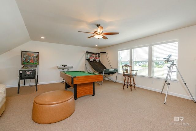 recreation room featuring carpet, billiards, ceiling fan, and lofted ceiling