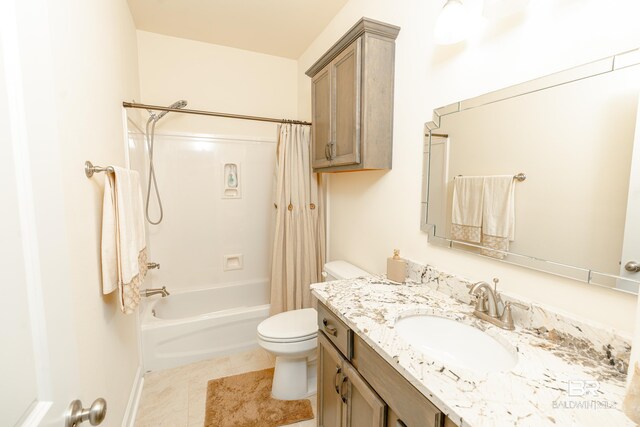 full bathroom with shower / bath combination with curtain, vanity, toilet, and tile floors