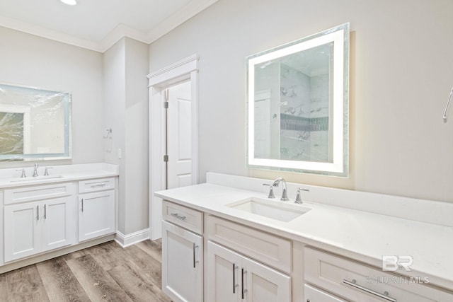 bathroom with crown molding, vanity, and hardwood / wood-style flooring