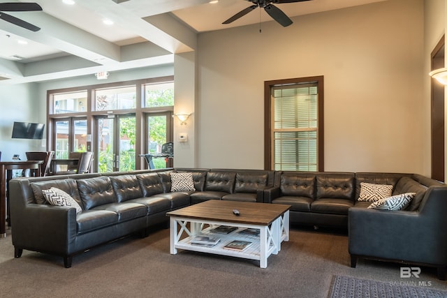 1430 Regency Rd Unit J302, Gulf Shores, AL 36542 - living room featuring a ceiling fan, carpet, beamed ceiling, and recessed lighting