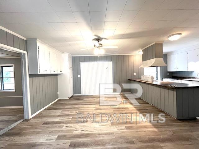 kitchen featuring sink, ceiling fan, white cabinetry, wood-type flooring, and kitchen peninsula