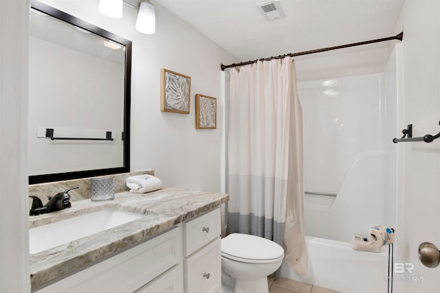 full bathroom featuring shower / tub combo with curtain, vanity, toilet, and tile patterned flooring