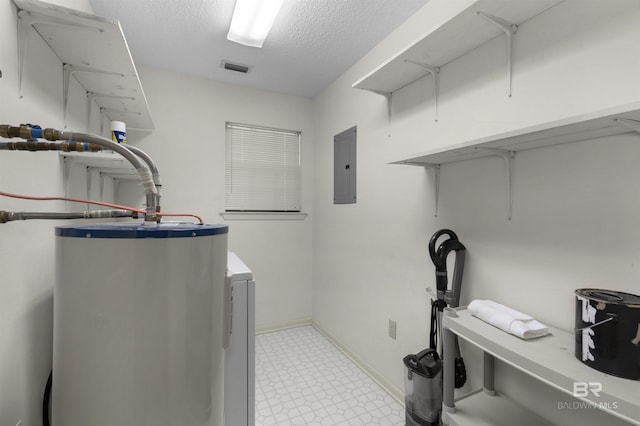 143 Kingswood Dr, Daphne, AL 36526 - laundry room with electric panel, water heater, light floors, a textured ceiling, and washer / clothes dryer