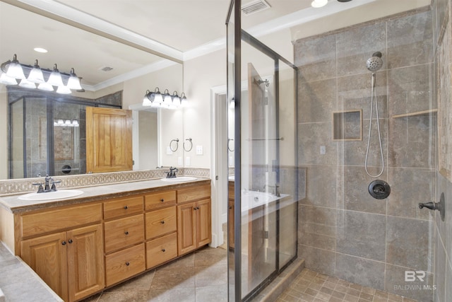 full bathroom with crown molding, a stall shower, double vanity, and tile patterned flooring