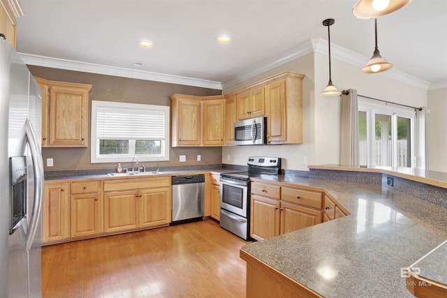 kitchen featuring appliances with stainless steel finishes, a sink, plenty of natural light, ornamental molding, and light wood-style flooring