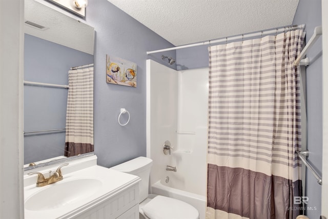 full bathroom with vanity, shower / bathtub combination with curtain, a textured ceiling, and toilet