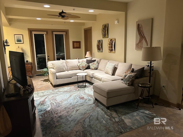 living room featuring ceiling fan