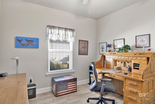 office space with ceiling fan and light wood-type flooring