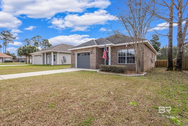 ranch-style house featuring an attached garage, brick siding, fence, driveway, and a front lawn