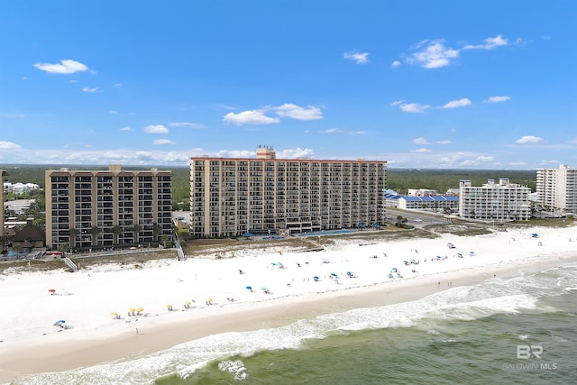 aerial view with a water view and a view of the beach