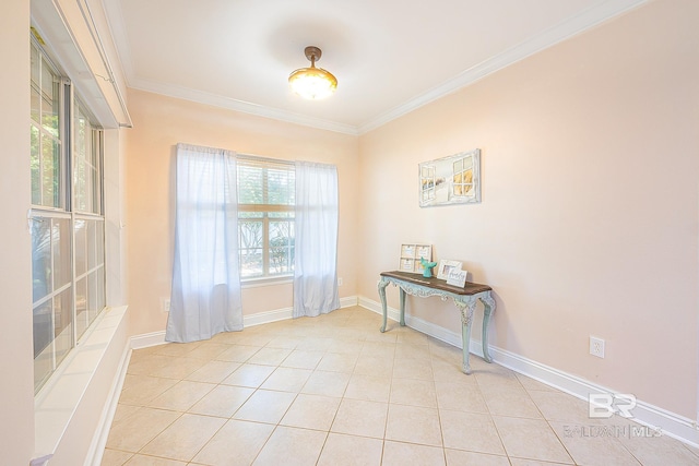 interior space with crown molding and light tile patterned floors