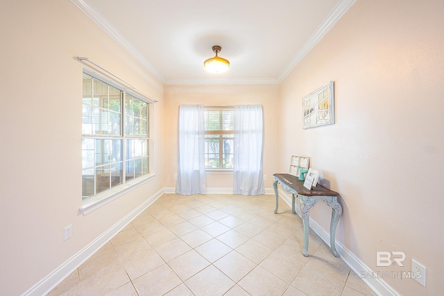 doorway to outside featuring ornamental molding and light tile patterned floors