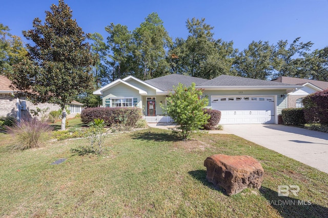 ranch-style house featuring a garage and a front lawn