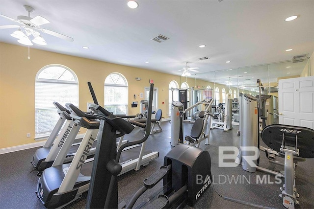 workout area with ceiling fan