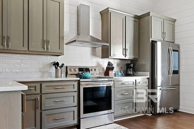 kitchen featuring backsplash, wall chimney exhaust hood, gray cabinets, dark hardwood / wood-style floors, and appliances with stainless steel finishes