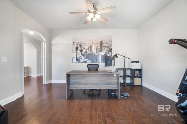 office area with ceiling fan and dark hardwood / wood-style flooring