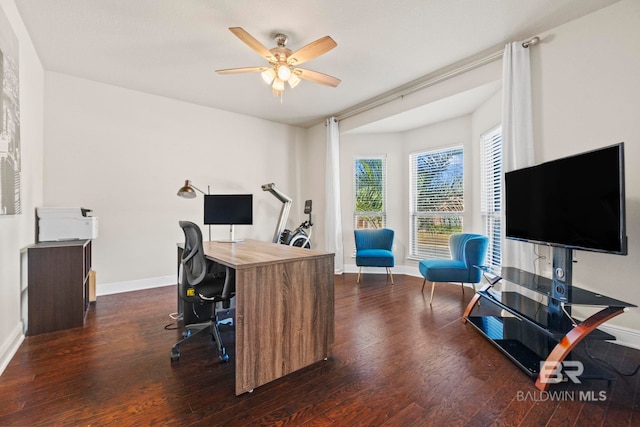 office featuring ceiling fan and dark wood-type flooring