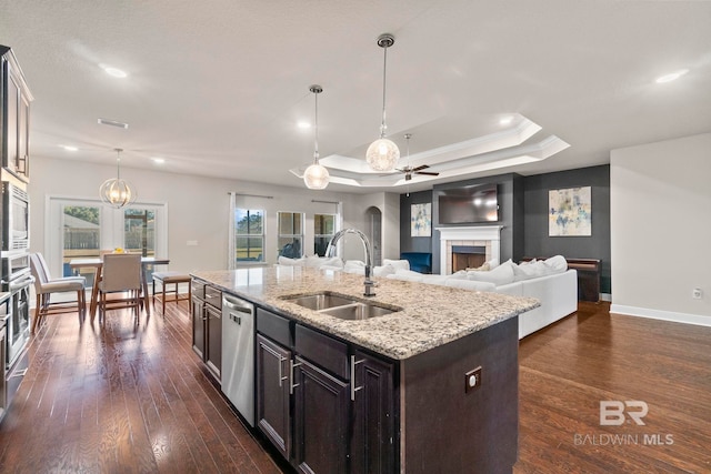 kitchen featuring ceiling fan, sink, a tray ceiling, a kitchen island with sink, and appliances with stainless steel finishes