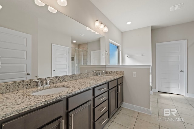 bathroom with tile patterned floors, vanity, and walk in shower