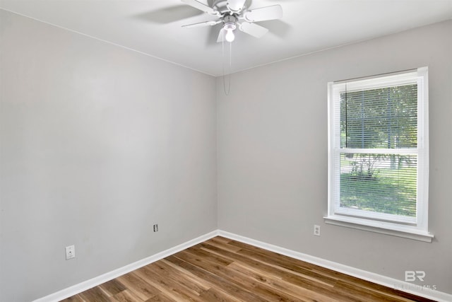 empty room featuring wood-type flooring, ceiling fan, and a wealth of natural light