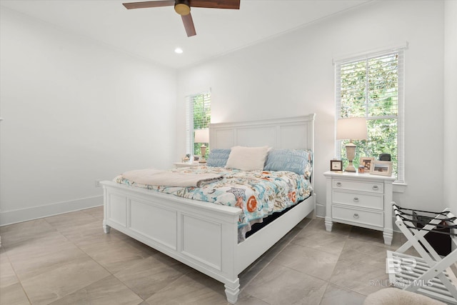 bedroom with recessed lighting, a ceiling fan, and baseboards