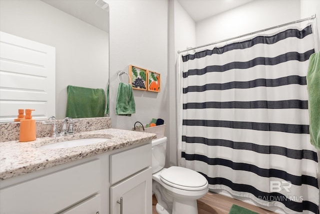 bathroom featuring toilet, wood-type flooring, vanity, and curtained shower