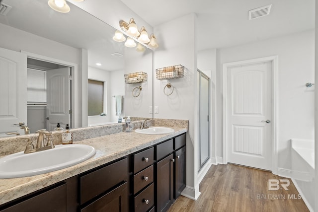 bathroom featuring hardwood / wood-style flooring, vanity, and a shower with shower door