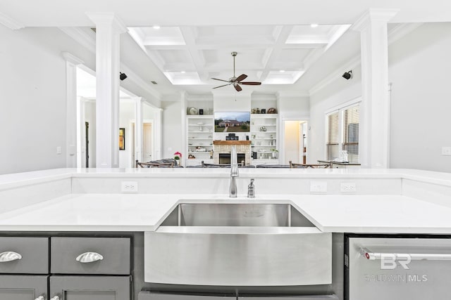 kitchen with dishwasher, decorative columns, coffered ceiling, ceiling fan, and beam ceiling