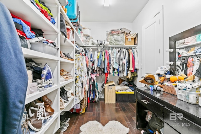 spacious closet with dark wood-type flooring