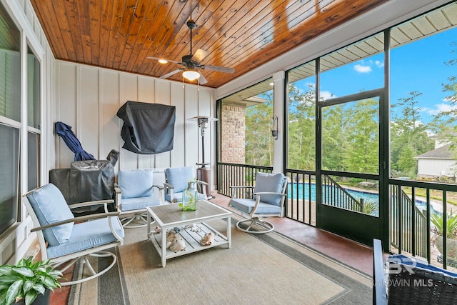 sunroom / solarium with ceiling fan and wood ceiling