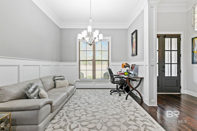 office featuring a notable chandelier, dark hardwood / wood-style floors, and crown molding