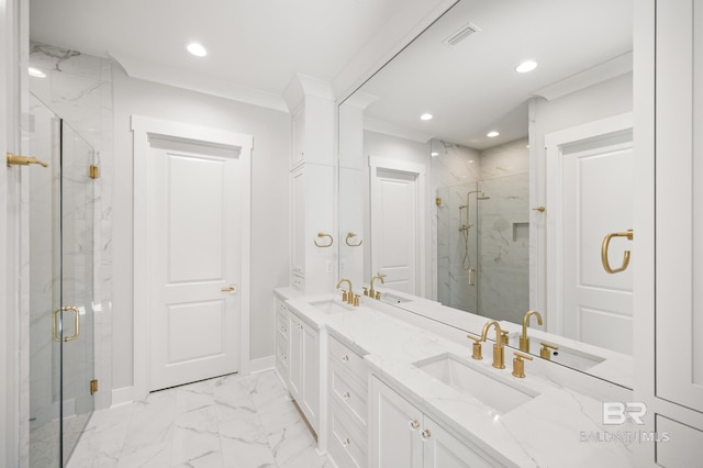 856 Geranium Dr, Fairhope, AL 36532 - full bathroom with a marble finish shower, marble look tiles, double vanity, recessed lighting, and crown molding
