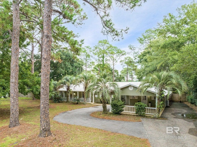 ranch-style home featuring covered porch and a front lawn