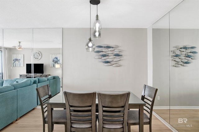 dining area featuring hardwood / wood-style flooring and ceiling fan