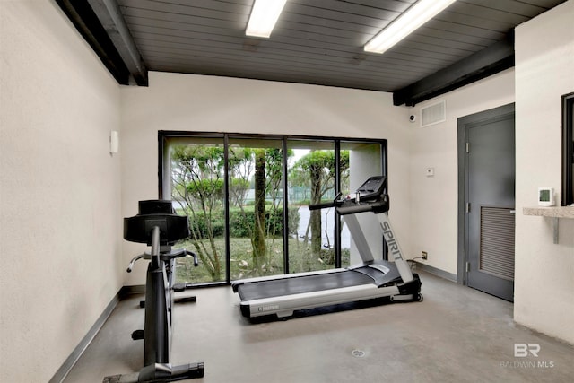 workout room with wood ceiling
