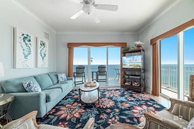 931 W Beach Blvd Unit 608, Gulf Shores, AL 36542 - tiled living room featuring ornamental molding and a ceiling fan