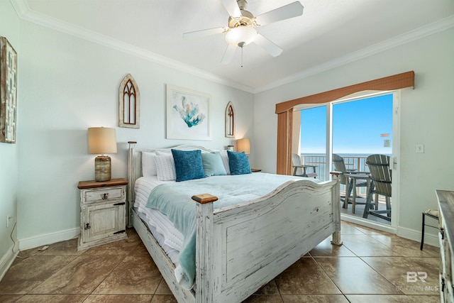 931 W Beach Blvd Unit 608, Gulf Shores, AL 36542 - tiled bedroom featuring crown molding, access to outside, baseboards, and a ceiling fan