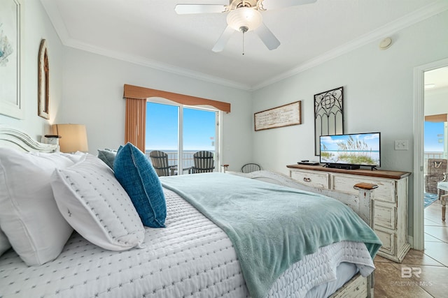 931 W Beach Blvd Unit 608, Gulf Shores, AL 36542 - bedroom featuring access to exterior, crown molding, multiple windows, light tile patterned flooring, and ceiling fan