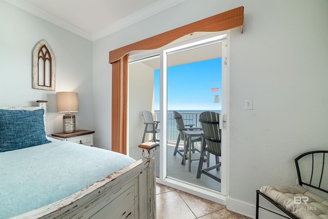 931 W Beach Blvd Unit 608, Gulf Shores, AL 36542 - bedroom with crown molding, light tile patterned floors, access to outside, a water view, and baseboards