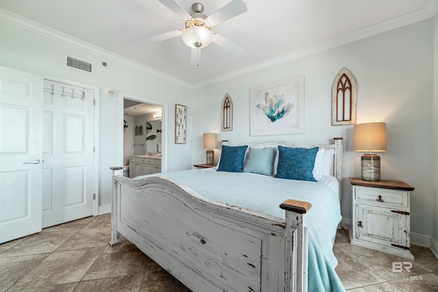 931 W Beach Blvd Unit 608, Gulf Shores, AL 36542 - bedroom featuring ornamental molding, baseboards, ensuite bathroom, and ceiling fan