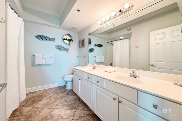 931 W Beach Blvd Unit 608, Gulf Shores, AL 36542 - bathroom featuring crown molding, double vanity, toilet, baseboards, and curtained shower