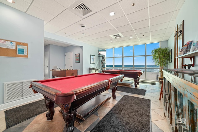 931 W Beach Blvd Unit 608, Gulf Shores, AL 36542 - rec room with a drop ceiling, billiards, floor to ceiling windows, a water view, and light tile patterned flooring