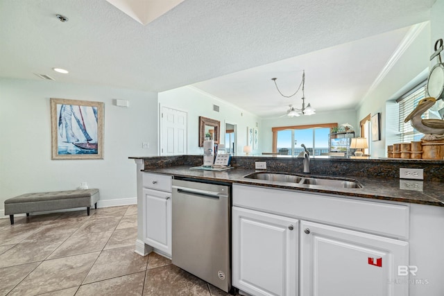 931 W Beach Blvd Unit 608, Gulf Shores, AL 36542 - kitchen with stainless steel dishwasher, a sink, a chandelier, ornamental molding, and white cabinetry