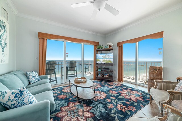 931 W Beach Blvd Unit 608, Gulf Shores, AL 36542 - living area featuring crown molding, ceiling fan, and tile patterned floors
