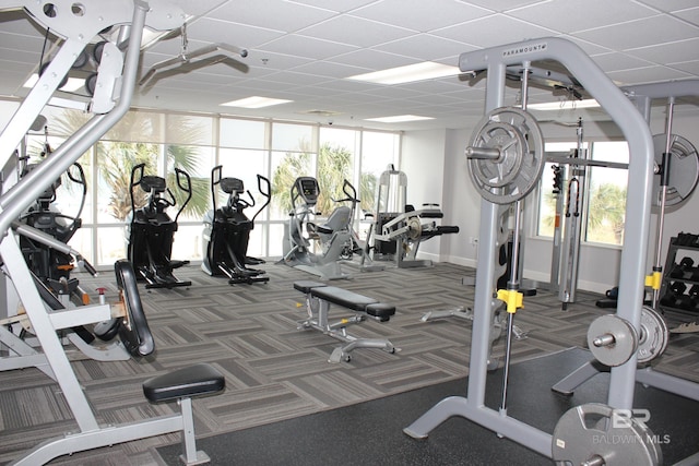 exercise room featuring expansive windows, dark colored carpet, and a healthy amount of sunlight