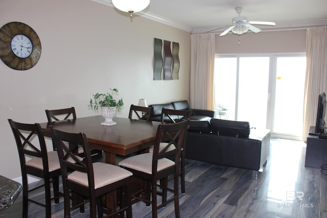 dining area with crown molding, dark wood-type flooring, and ceiling fan