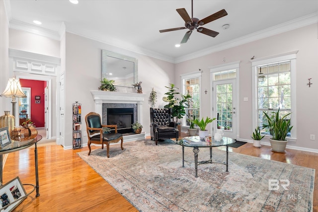 living room with ornamental molding, light wood-type flooring, and a fireplace