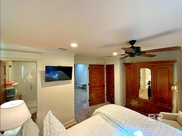 bedroom featuring a ceiling fan, visible vents, baseboards, recessed lighting, and brick floor