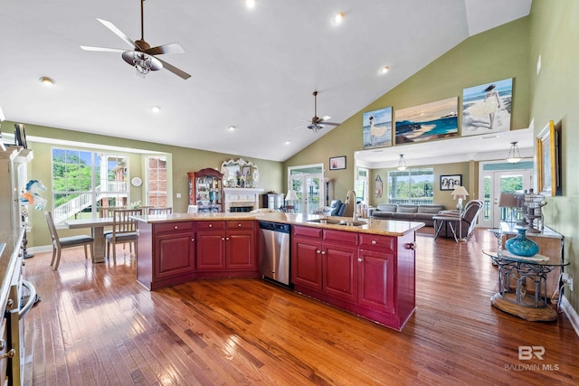 16288 Ferry Rd, Fairhope, AL 36532 - kitchen featuring dark brown cabinets, ceiling fan, a sink, open floor plan, and stainless steel dishwasher