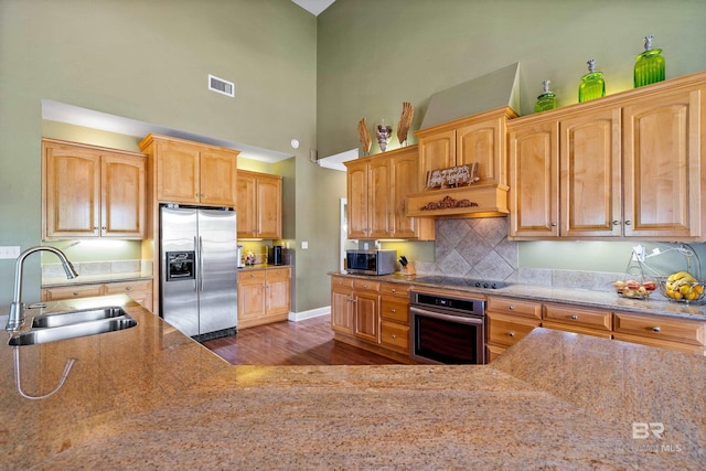 16288 Ferry Rd, Fairhope, AL 36532 - kitchen with dark wood-style flooring, a high ceiling, a sink, stainless steel appliances, and visible vents